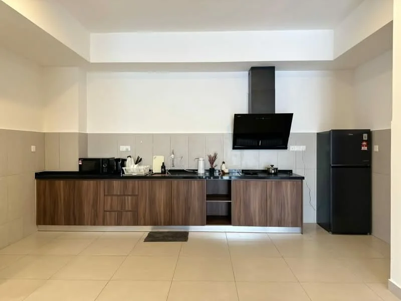Kitchen features: black granite countertop, wood cabinetry, stainless-steel range hood, built-in oven, microwave, fridge, ceramic tile flooring, white painted walls, recessed downlights, kitchen sink, kitchen island, open shelving; style: modern.