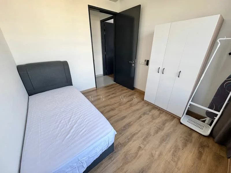Bedroom features: single bed, grey upholstered headboard, wooden flooring, white painted walls, built-in wardrobe with two doors, sliding door, floor-to-ceiling window, curtain rod, wall-mounted coat rack, neutral color scheme; style: modern.
