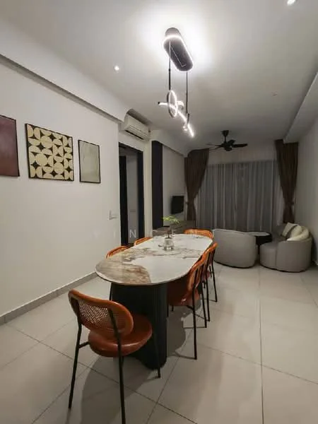 Dining features: marble dining table, 6-seater dining table, orange plastic dining chairs, pendant lighting, recessed ceiling lights, wall-mounted air conditioning unit, grey walls, large windows with sheer curtains, decorative wall art, ceiling fan; style: modern. Living features: beige fabric sofa, decorative cushions, TV console, wall-mounted TV; style: modern.
