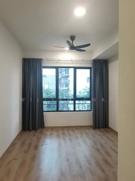 Room features: light wood laminate flooring, white painted walls, ceiling fan, floor-to-ceiling windows, grey curtains, window view of city, natural light from window; style: modern; view: city.