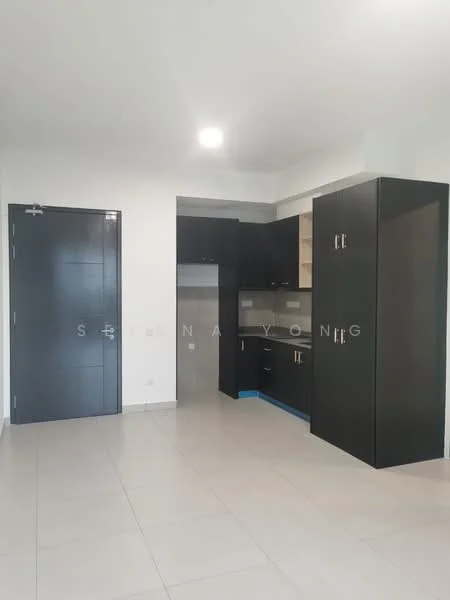 Room features: light-colored tiled flooring, white painted walls, black cabinetry, built-in kitchen cabinets, countertop with space for appliances, single door with modern handle, recessed ceiling lights, open layout; style: modern.