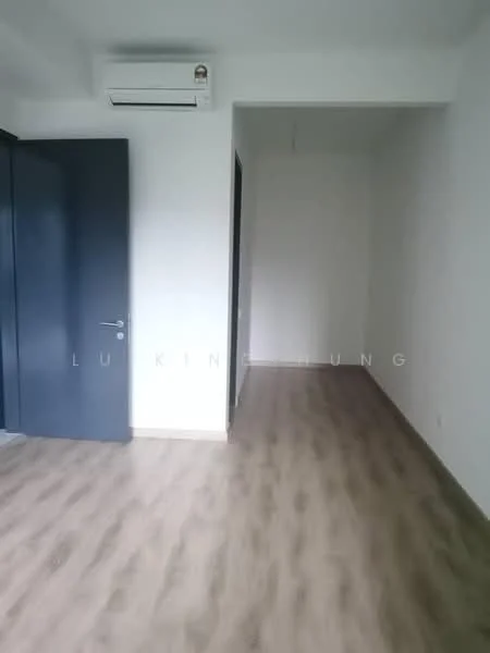 Room features: light wood laminate flooring, white painted walls, 1 wall-mounted split AC, door with dark frame, doorway leading to another room; style: modern.