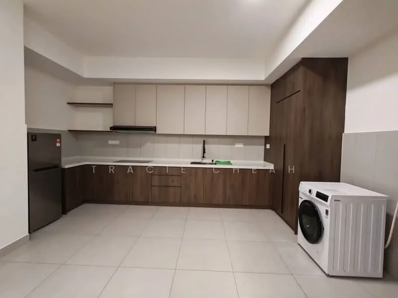 Kitchen features: L-shaped kitchen layout, light wood cabinetry, dark wood lower cabinets, white countertop, stainless-steel fridge, built-in oven, single-bowl stainless-steel sink, chrome pull-down faucet, white washing machine, ceramic tile flooring, recessed downlights, wall-mounted shelf; style: modern.