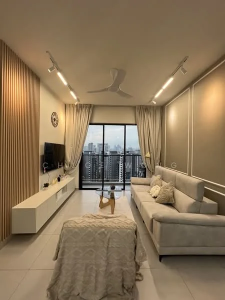 Living features: light grey fabric sofa, white TV console, wall-mounted TV, 5-blade ceiling fan with light, recessed LED downlights, floor-to-ceiling windows, sheer curtains, decorative wall paneling, neutral wall color, area rug, coffee table, decorative plant; style: modern; view: city.