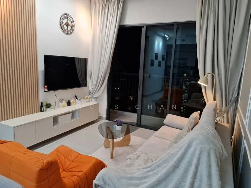Living features: white walls, wood panel accent wall, large sliding glass door, floor-to-ceiling curtains, light grey sofa, orange armchairs, coffee table with round top, TV console with wall-mounted TV, decorative wall clock, area rug, lamp with shade; style: modern; view: city.