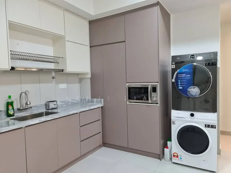 Kitchen features: grey cabinetry, white upper cabinets, marble countertop, stainless-steel sink, built-in microwave, built-in oven, freestanding washing machine, freestanding dryer, dish soap bottle, kitchen towel holder, open shelving, tile backsplash, white tile flooring; style: modern.