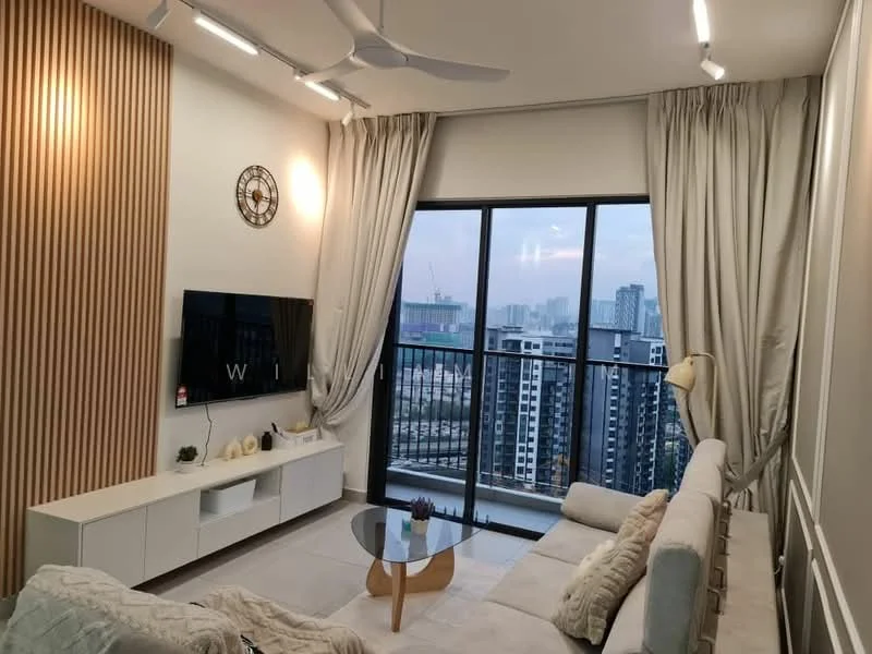 Living features: 3-seater fabric sofa in beige, coffee table with glass top, wall-mounted TV, white media console, floor-to-ceiling windows, sheer curtains, wood accent wall, recessed LED downlights, ceiling fan, decorative wall clock, area rug, laminate flooring; style: modern; view: city.
