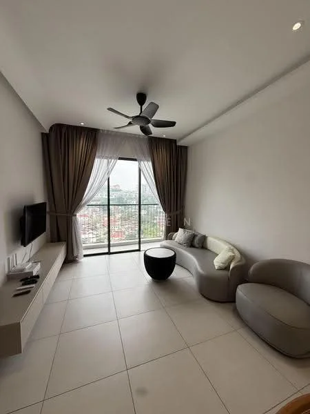 Living features: light grey sectional sofa, black round coffee table, wall-mounted TV, TV console, 5-blade ceiling fan with light, floor-to-ceiling windows, sheer curtains, grey tiled flooring, decorative wall with neutral color, recessed downlights; style: modern; view: city.