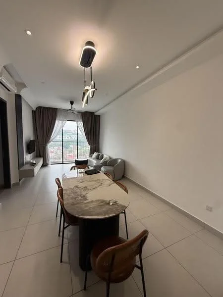 Living features: grey fabric sofa, marble dining table, 4 wooden dining chairs, floor-to-ceiling windows, curtains, recessed downlights, pendant light fixture, TV console, wall-mounted TV, light-colored walls, tile flooring, air conditioning unit; style: modern; view: city.