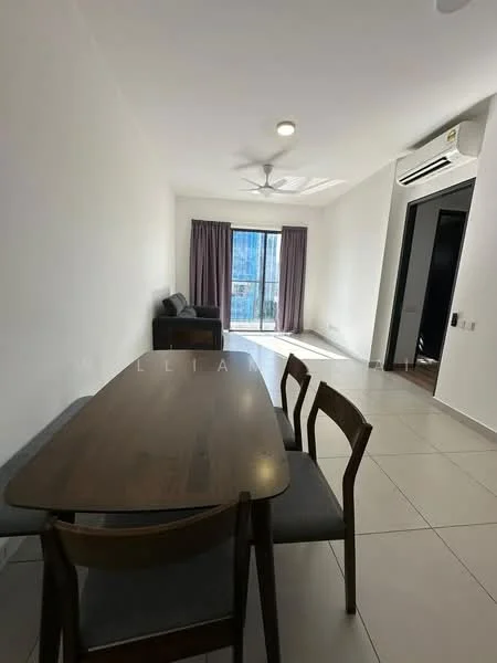 Dining features: dining table with wooden surface, 4 dining chairs, grey upholstered chairs, white painted walls, large window with city view, floor-to-ceiling glass door, curtains in light purple, tile flooring, ceiling fan with light, wall-mounted split AC; style: modern; view: city. Living features: 3-seater fabric sofa in grey, natural light from large window, tile flooring; style: modern; view: city.