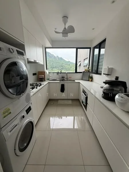 Kitchen features: white cabinetry, white countertops, built-in oven, 4-burner gas hob, stainless-steel range hood, single-bowl stainless-steel sink, chrome pull-down faucet, front-load washing machine, tumble dryer, large windows with mountain view, recessed downlights, ceramic tile flooring, ceiling fan; style: modern; view: mountain.