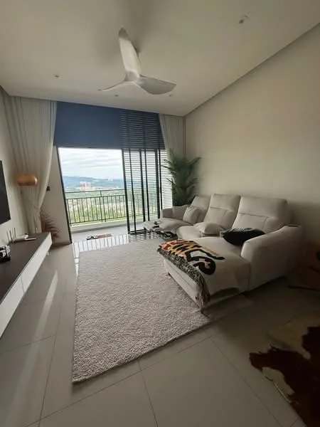 Living features: 3-seater fabric sofa in white, area rug with geometric pattern, floor-to-ceiling windows, sliding glass door, curtains, ceiling fan, wall-mounted TV, TV console, decorative plant, light-colored walls, tile flooring; style: modern; view: city.