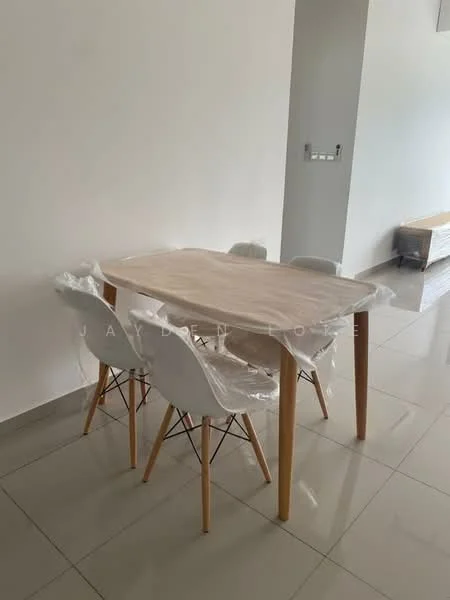 Dining features: wooden dining table with light finish, 4 white plastic dining chairs with wooden legs, glossy ceramic tile flooring, white painted walls, minimalist decor, natural light from nearby window, no visible decor items; style: modern.