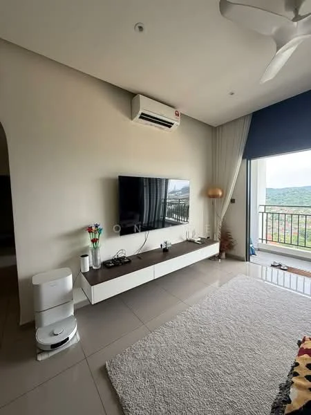 Living features: wall-mounted flat-screen TV, white TV console, 5-blade ceiling fan with light, air conditioning unit, large window with view, curtains, light-colored wall, cream area rug, decorative floor lamp, robot vacuum cleaner; style: modern; view: mountain.
