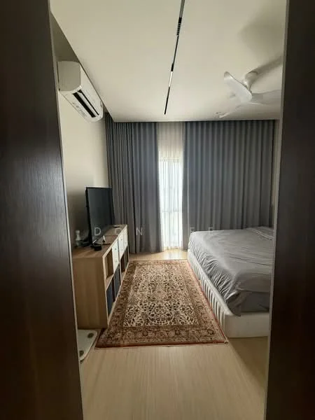 Bedroom features: queen-size bed, upholstered headboard, bedside lamps, wall-mounted TV, TV console, area rug with intricate pattern, floor-to-ceiling window, sheer curtains, 1 wall-mounted split AC, light-colored wood flooring, recessed ceiling lights, grey drapes; style: modern.