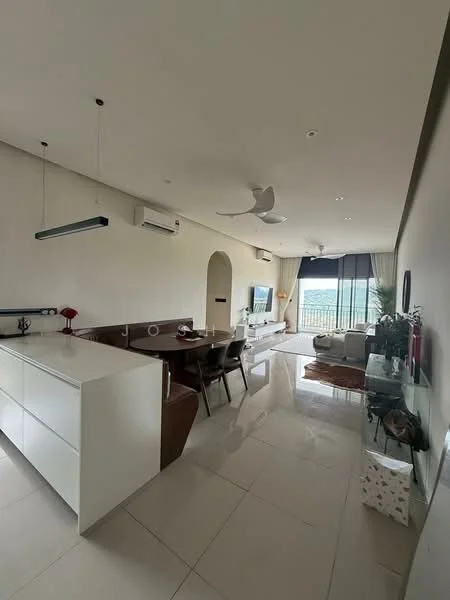 Living features: white painted walls, glossy tile flooring, 5-blade ceiling fan with light, floor-to-ceiling windows, sliding glass door, dining table with 6 chairs, TV console, wall-mounted TV, sofa, decorative plants, area rug, recessed downlights; style: modern; view: city.