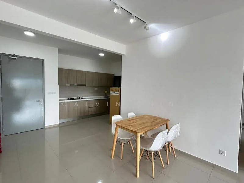 Dining features: dining table with wooden top, 4 white plastic dining chairs, grey tiled flooring, white painted walls, recessed downlights, open kitchen layout, kitchen cabinetry in light wood, kitchen countertop, door leading to hallway; style: modern. Kitchen features: kitchen cabinetry in light wood, kitchen countertop, stainless-steel sink, built-in stove, oven, refrigerator, grey tiled flooring, white painted walls, recessed downlights; style: modern.