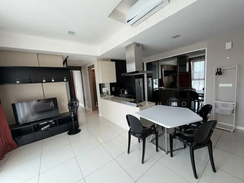 Living features: white painted walls, glossy tile flooring, ceiling-mounted air conditioning unit, black entertainment unit, wall-mounted TV, dining table with white surface, four black dining chairs, kitchen island with built-in stove, stainless-steel range hood, mirrored wall, red curtains, open layout, kitchen cabinetry with light finish; style: modern.
