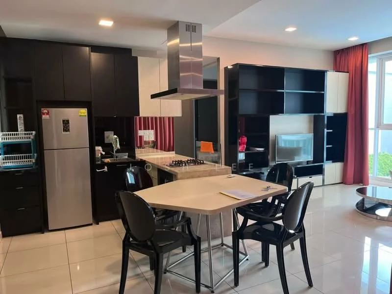 Kitchen features: stainless-steel fridge, built-in oven, 4-burner gas hob, stainless-steel range hood, black cabinetry, white cabinetry, marble countertop, tile backsplash, dining table with chairs, wall-mounted TV, floor-to-ceiling windows, recessed downlights, ceramic tile flooring; style: modern; view: city.
