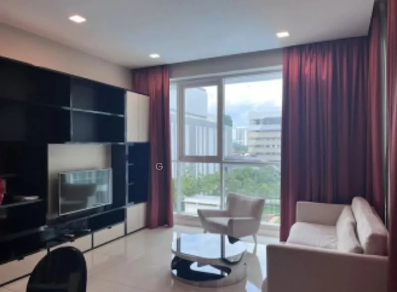 Living features: white sofa, glass coffee table, black TV console, wall-mounted TV, floor-to-ceiling windows, red curtains, recessed downlights, cream tiled flooring; style: modern; view: city.