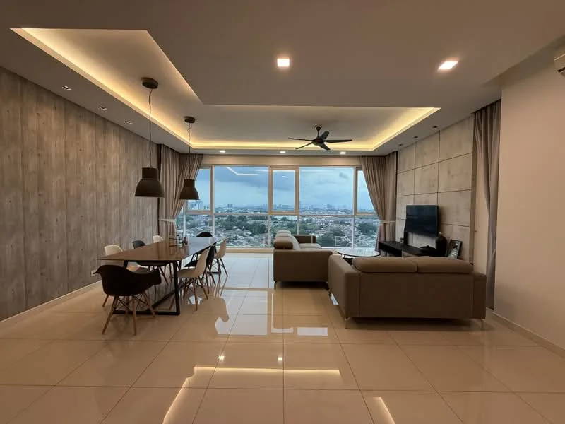 Living features: floor-to-ceiling windows, city view, 3-seater fabric sofa in beige, 2-seater fabric sofa, coffee table, TV console, wall-mounted TV, dining table for 6, pendant lamp, 5-blade ceiling fan with light, recessed LED downlights, cream tiled flooring, wood panel accent wall, curtains, decorative wall paneling; style: modern.