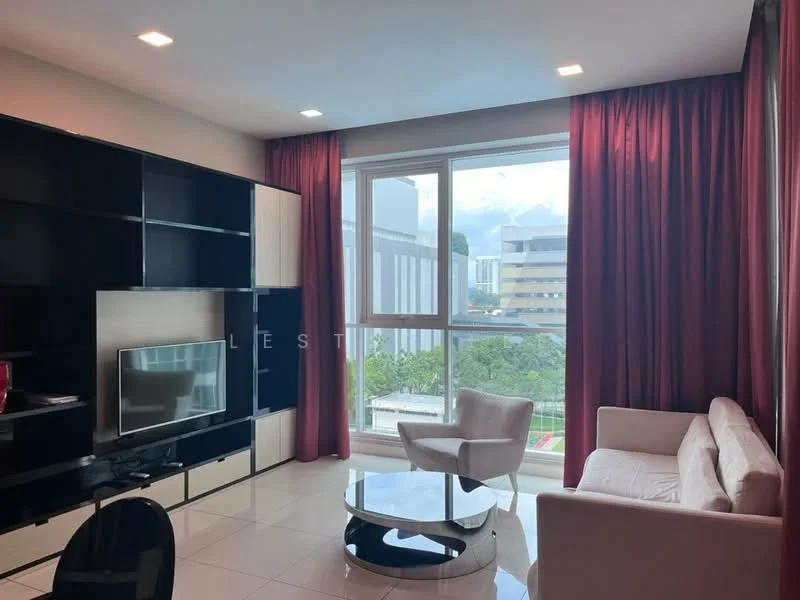 Living features: white walls, grey tiled flooring, large floor-to-ceiling window, red curtains, black and beige entertainment unit, wall-mounted TV, white armchair, beige sofa, round glass coffee table, black dining chair; style: modern; view: city.
