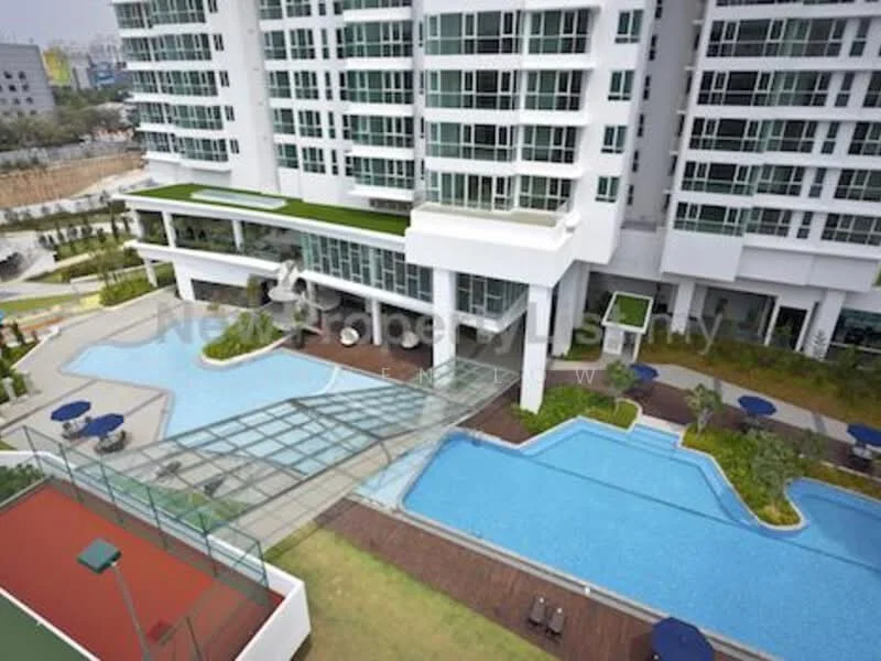 Exterior type: high-rise condominium; features: multiple swimming pools, landscape garden, pool deck with loungers, tennis court, manicured lawn, children's playground, outdoor dining area, modern architectural design, glass curtain wall, green roof terrace; style: modern.