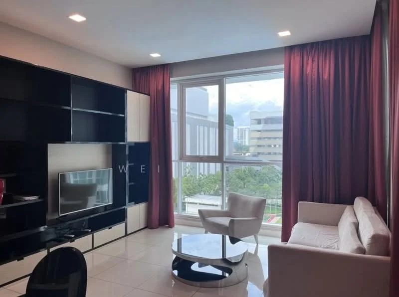 Living features: white sofa, glass coffee table, black TV console, wall-mounted TV, floor-to-ceiling windows, red curtains, glossy tile flooring, decorative wall shelving, city view; style: modern; view: city.