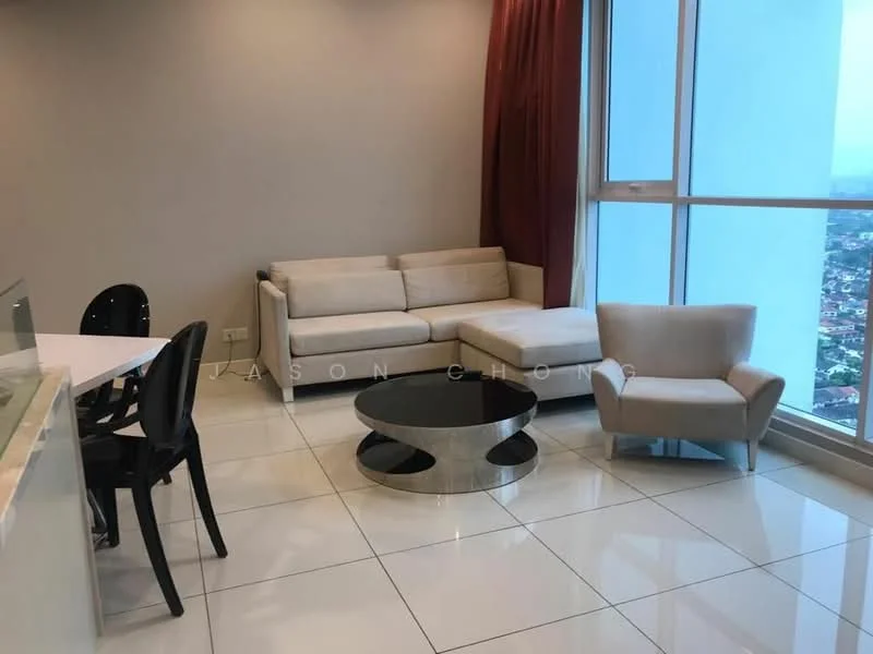 Living features: L-shape sectional sofa in light beige, accent chair in light beige, round coffee table with metallic base, white tiled flooring, floor-to-ceiling windows, curtains in dark red, open layout, city view from windows; style: modern; view: city.