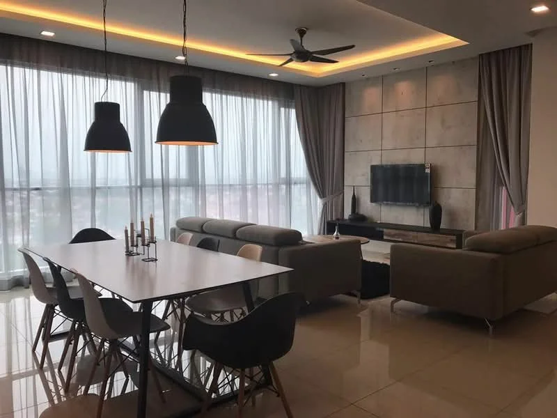 Living features: 5-blade ceiling fan with light, sofa in grey fabric, coffee table, TV console, wall-mounted TV, area rug, floor-to-ceiling windows, sheer curtains, recessed LED downlights, concrete accent wall, decorative wall paneling, dining table with white surface, black dining chairs, grey upholstered armchair; style: modern; view: city.