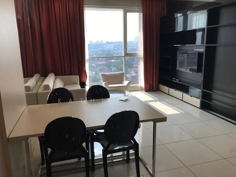 Living features: floor-to-ceiling windows, curtains in dark red, light-colored fabric sofa, armchair in light color, black entertainment unit, white dining table, black dining chairs, glossy tile flooring, decorative wall shelving, city view; style: modern; view: city.
