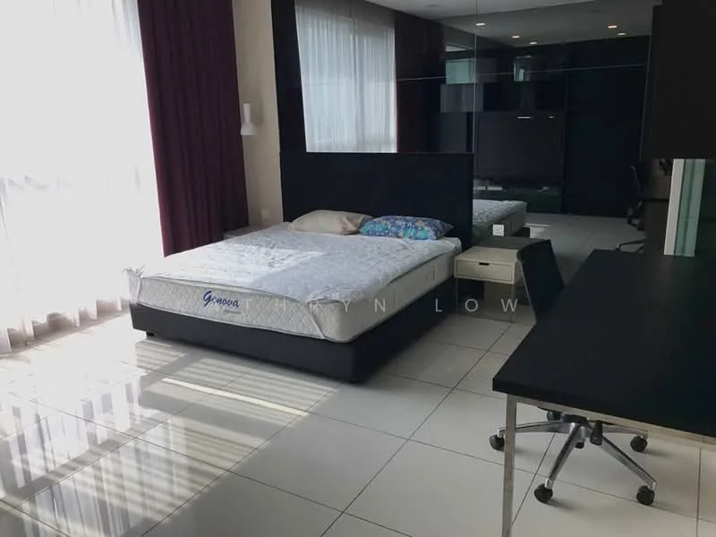 Bedroom features: king-size bed, upholstered headboard, white bedding, nightstand with drawer, desk with chair, floor-to-ceiling windows, sheer curtains, mirrored wardrobe, polished tile flooring, recessed downlights, decorative wall paneling, wall-mounted lamp; style: modern; view: city.