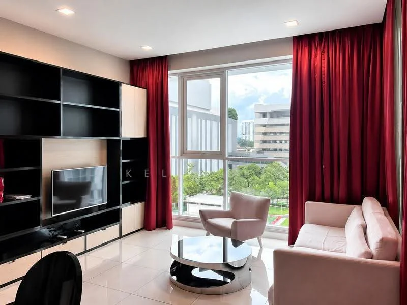 Living features: large window with city view, red curtains, cream sofa, black coffee table, black TV console, wall-mounted TV, white tiled flooring, recessed ceiling lights; style: modern; view: city.