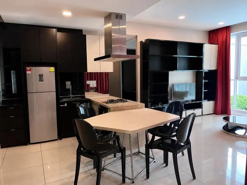 Kitchen features: black cabinetry, white countertops, stainless-steel fridge, built-in gas hob, stainless-steel range hood, open-plan layout, white tile flooring, recessed downlights, black dining chairs, dining table with white top, black shelving unit, floor-to-ceiling windows, red curtains; style: modern; view: garden.
