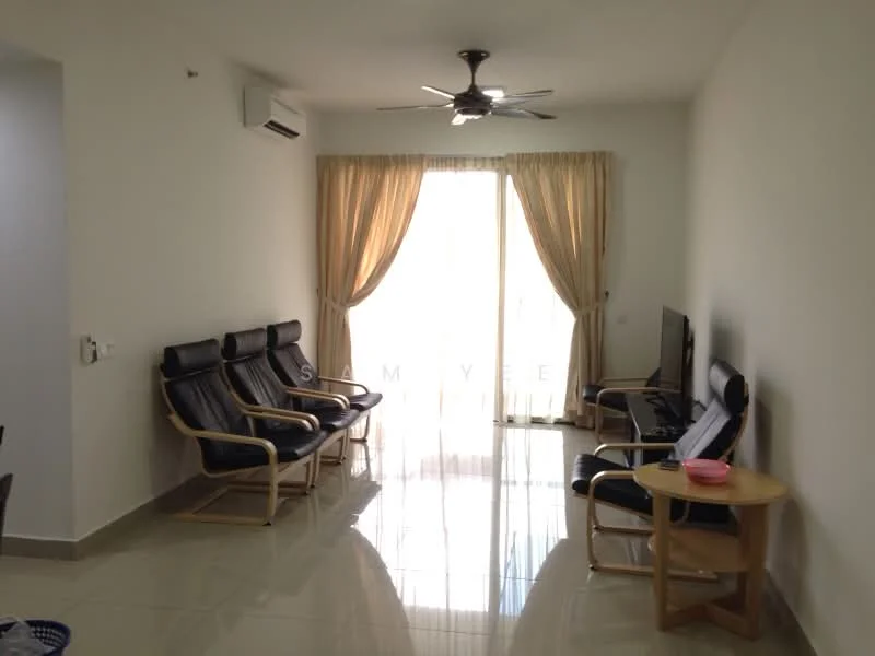 Living features: cream painted walls, glossy tile flooring, 5-blade ceiling fan with light, floor-to-ceiling windows, sheer curtains, black leather reclining chairs, wooden side table, wall-mounted TV; style: modern.