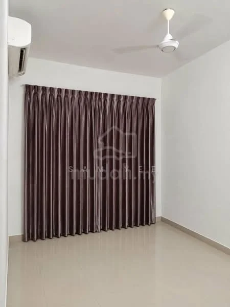 Room features: white painted walls, cream tiled flooring, ceiling fan, floor-to-ceiling curtains in dark brown, wall-mounted split AC.