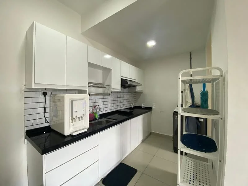 Kitchen features: white flat-panel cabinets, black granite countertop, white subway tile backsplash, double-bowl stainless-steel sink, chrome pull-down faucet, built-in oven, stainless-steel range hood, refrigerator, floor tiles, wall-mounted shelving unit, kitchen mat, wall-mounted electrical outlets, under-cabinet lighting; style: modern.