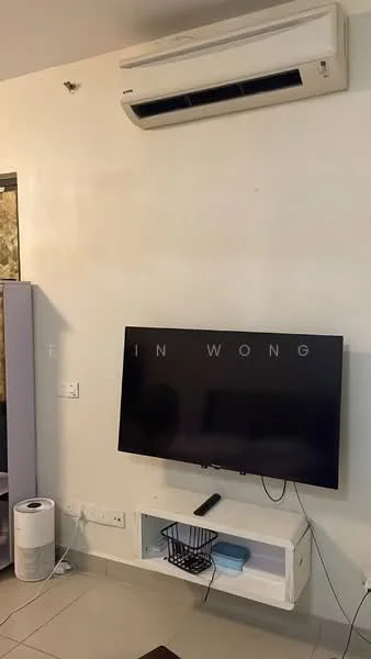 Living features: wall-mounted TV, white TV console, 1 wall-mounted split AC, light-colored painted walls, ceramic tile flooring, decorative wall art, black basket, remote control, paper towel roll; style: modern.
