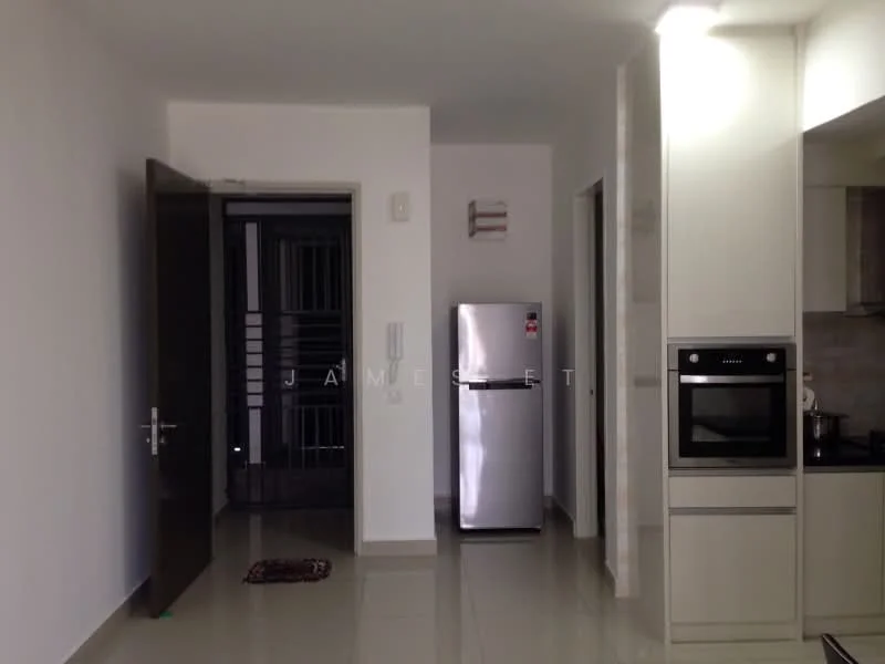 Room features: white painted walls, glossy tile flooring, single door, stainless-steel fridge, built-in oven, built-in microwave, kitchen cabinetry, countertop, wall-mounted AC unit; style: modern.