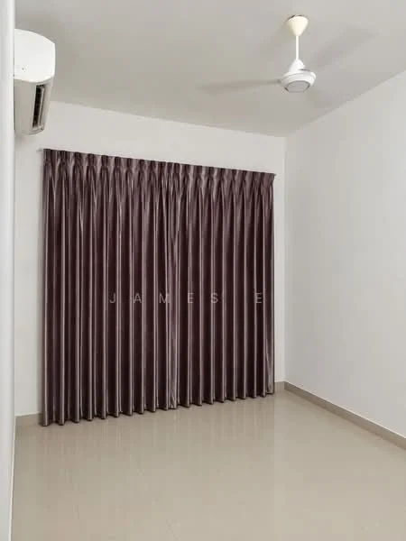 Room features: white painted walls, cream tiled flooring, ceiling fan, floor-to-ceiling curtains in dark purple, wall-mounted split AC; style: modern.