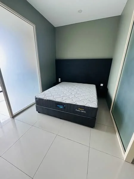 Bedroom features: queen-size bed with mattress, grey accent wall, light green painted walls, white tiled flooring, built-in bedside table, floor-to-ceiling window, sliding door, minimalist decor; style: modern.