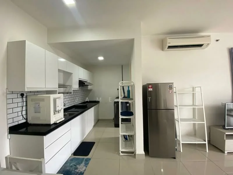 Kitchen features: white shaker cabinets, black granite countertop, stainless-steel fridge, built-in oven, freestanding microwave, ceramic tile flooring, white tiled backsplash, 1 wall-mounted split AC, open shelving, kitchen island, recessed downlights; style: modern.