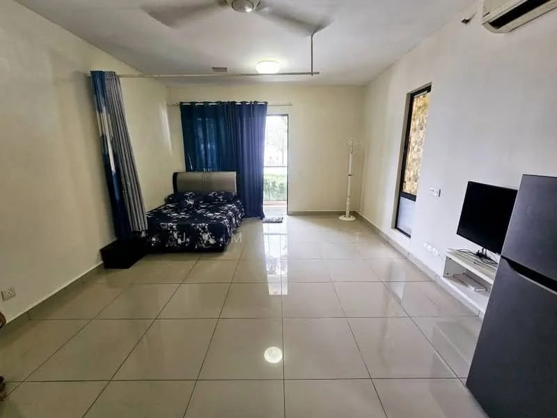Bedroom features: queen-size bed with blue floral bedding, floor-to-ceiling windows, sliding glass door leading to balcony, white painted walls, glossy tile flooring, ceiling fan, black TV console, wall-mounted TV, curtains in blue, white shelving unit, decorative floor lamp; style: modern; view: garden.