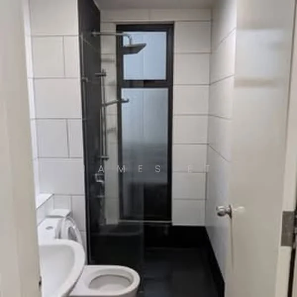 Bathroom features: white tiled walls, black tiled flooring, glass shower enclosure, rain shower head, wall-mounted shower controls, one-piece toilet, single-sink vanity, mirror above vanity, window for natural light; style: modern.