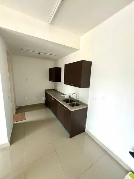 Kitchen features: brown cabinetry, single-bowl stainless-steel sink, chrome pull-down faucet, laminate countertop, white walls, tile flooring, recessed ceiling lights, open layout; style: modern.