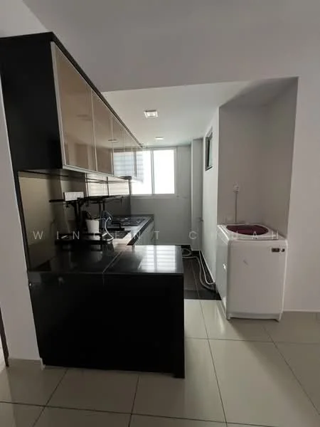 Kitchen features: black glossy cabinetry, white countertop, stainless-steel sink, chrome pull-down faucet, built-in coffee machine, built-in oven, ceramic tile flooring, window with city view, washing machine, recessed downlights; style: modern; view: city.