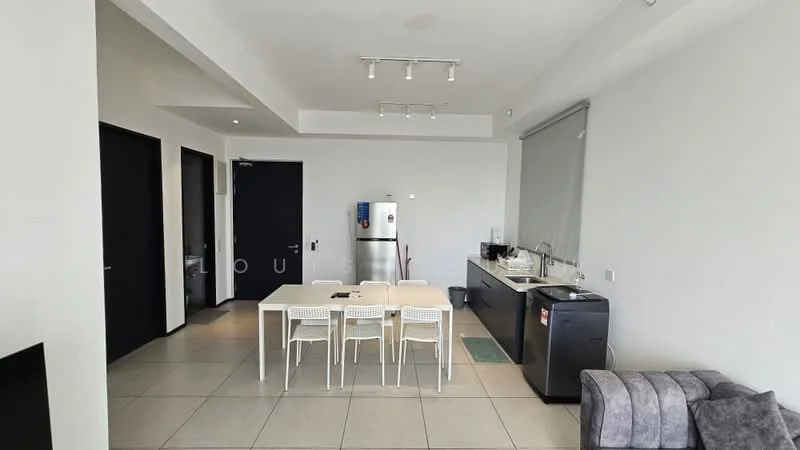 Kitchen features: white walls, grey tile flooring, recessed downlights, kitchen island with seating, stainless-steel fridge, built-in sink, black cabinetry, countertop with space for appliances, window with roller blinds, 4 dining chairs; style: modern. Room features: grey sofa, open layout, two black doors, one white door.
