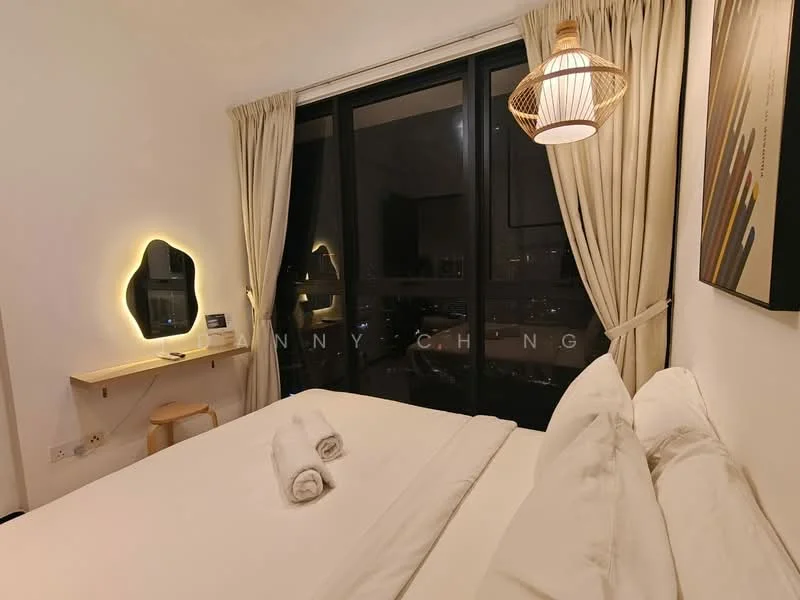 Bedroom features: king-size bed with white bedding, decorative wall art, wooden bedside table, pendant light fixture, floor-to-ceiling windows, sheer curtains, wall-mounted mirror, neutral wall colour, wooden flooring; style: modern; view: city.