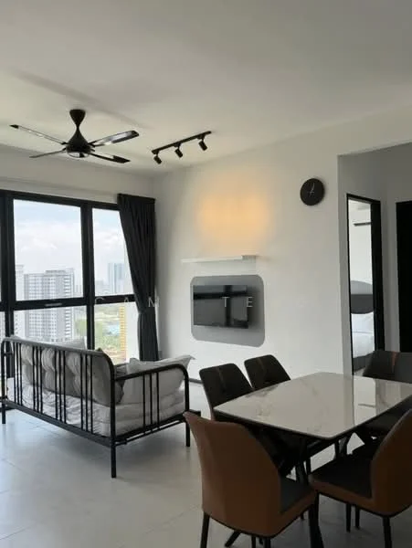 Living features: 3-seater fabric sofa in light grey, ceiling fan with integrated LED light, wall-mounted TV, black curtain treatments, white painted walls, recessed lighting, marble dining table, 4 upholstered dining chairs in brown, large windows with city view, tile flooring; style: modern; view: city.
