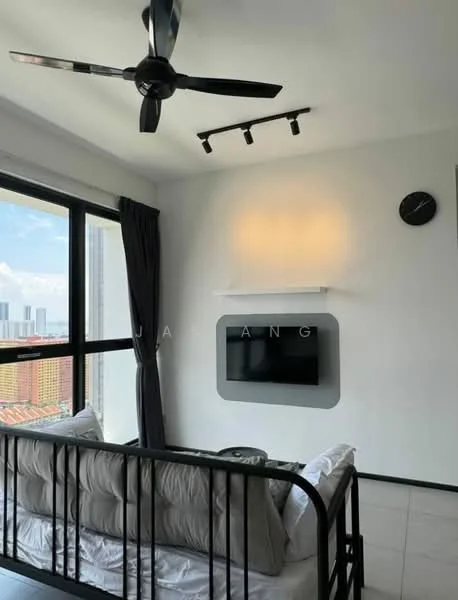 Living features: floor-to-ceiling windows, grey fabric sofa, black ceiling fan with light, wall-mounted TV, shelf above TV, decorative wall clock, white painted walls, recessed LED downlights, light-colored tile flooring, curtains, black track lighting; style: modern; view: city.